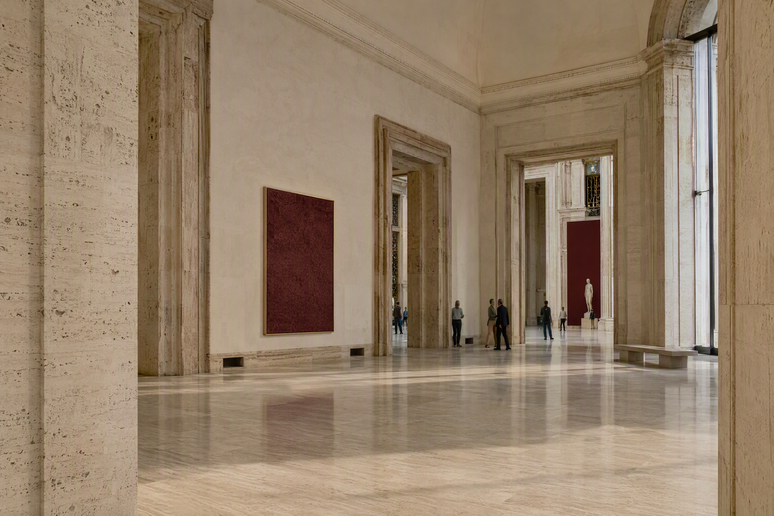 Spazio espositivo contemporaneo con architettura romana, immagine editoriale di riferimento